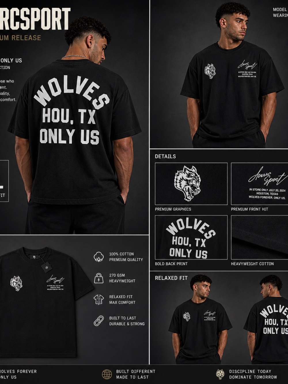 Darc Sport Black Tee with White 'WOLVES’ HOU, TX ONLY US' Graphic RARE